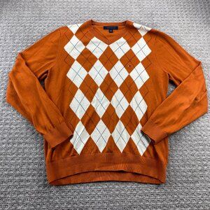 Tommy Hilfiger Argyle Sweater Men Large L Orange White Diamond Pattern Preppy